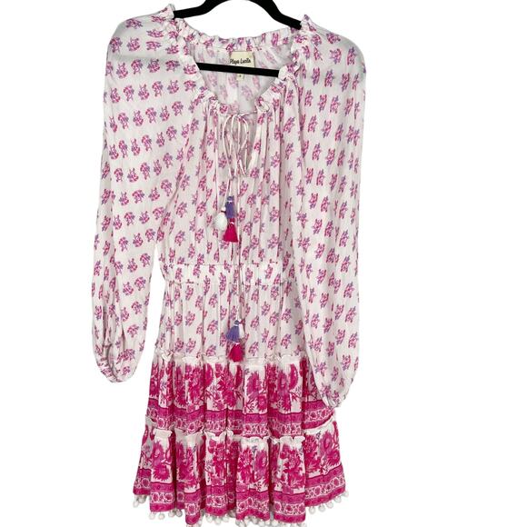 Playa Lucila Small S Pink White Floral Long Sleeve Mini Dress Pom Pom Hem Tassel - Picture 1 of 15